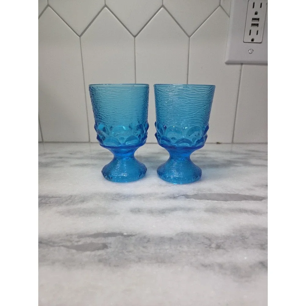 Brockway Glass Co Wine Goblets, Set of 2, Monterey Blue Footed Goblets, Textured